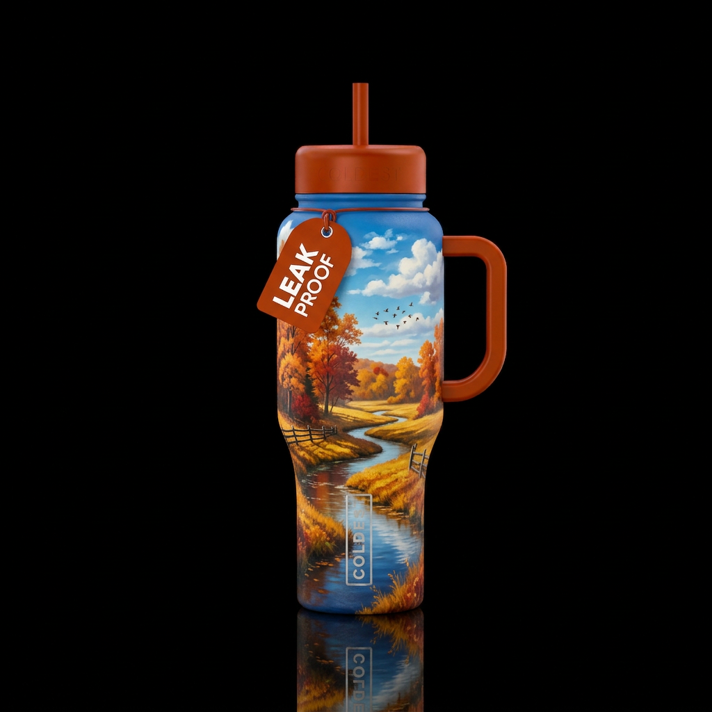 Tree, field, fence, blue sky, clouds, autumn, bird... water bottle design