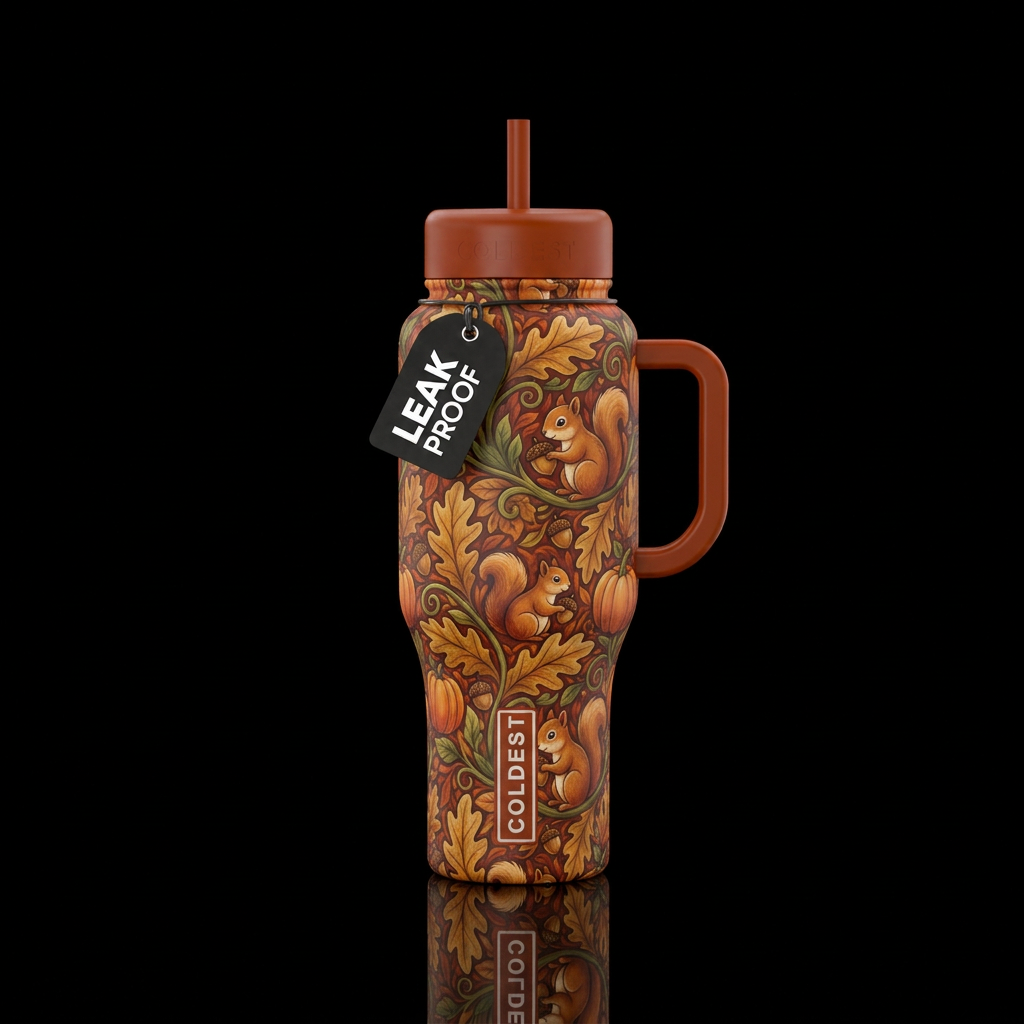 Autumn, trees, squirrels, acorns, cute, pumpkins water bottle design