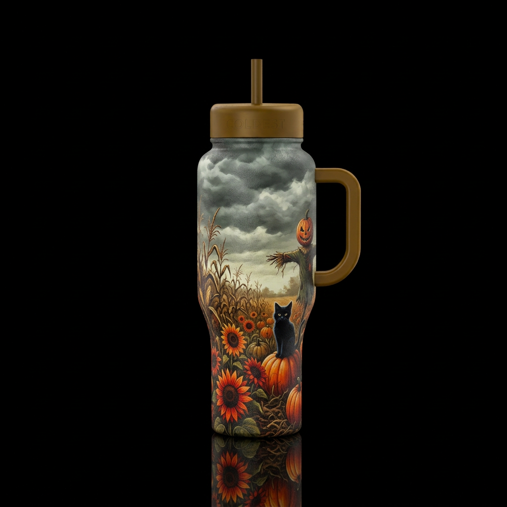 Sunflowers, autumn, black cat, pumpkins, scarecrow... water bottle design