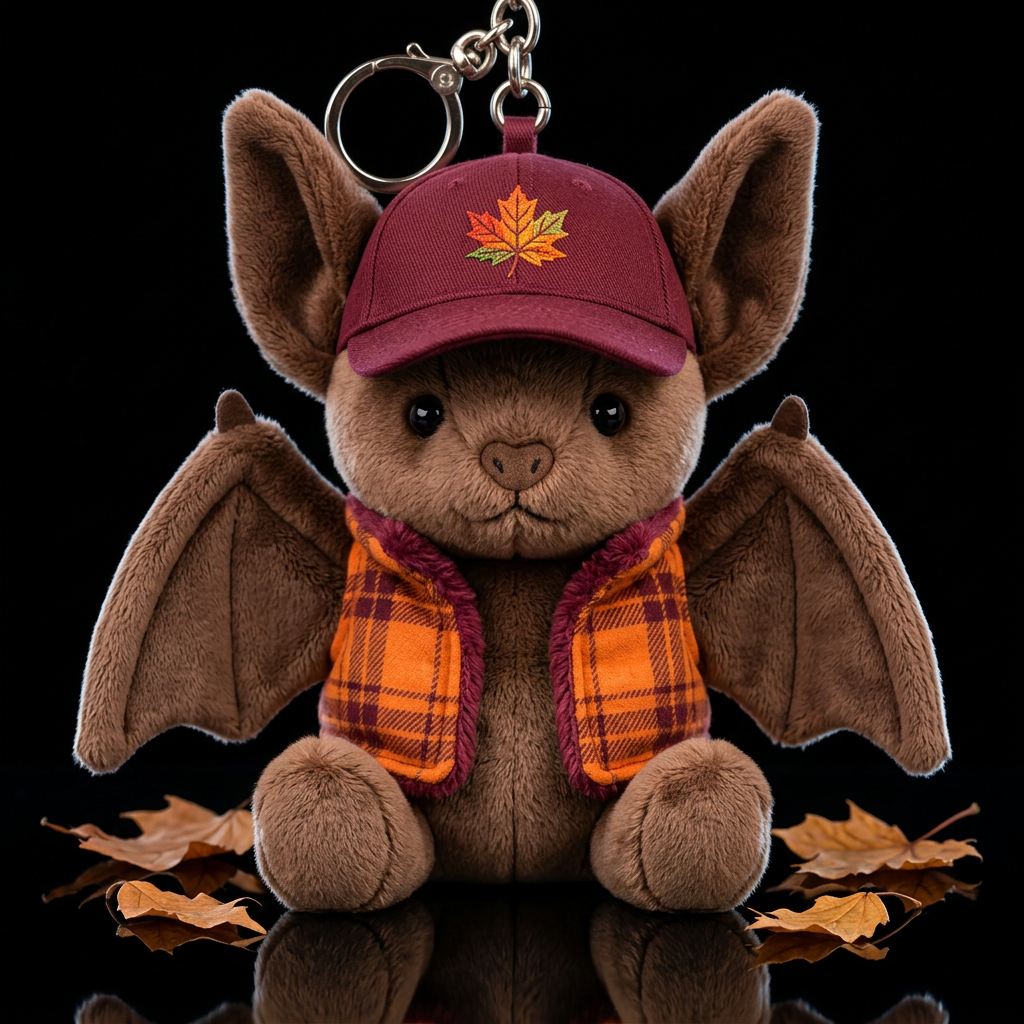 Brown bat, wings, big ears, orange plaid vest with... water bottle design
