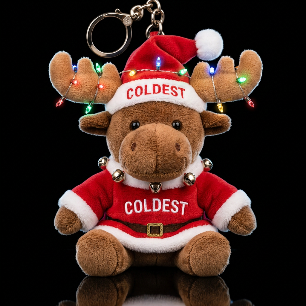 Moose, Christmas lights on antlers, Santa hat and ... water bottle design