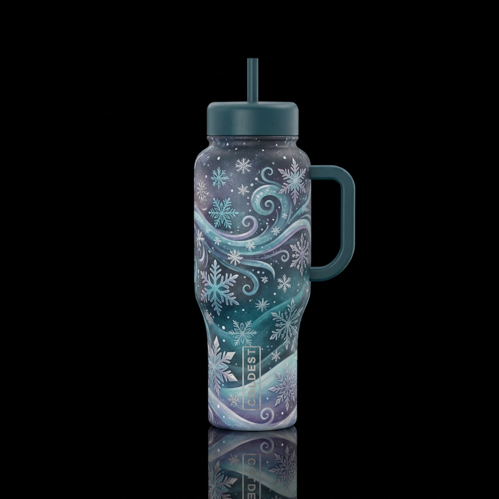 Winter, snow, snowflakes, blustery, swirly, dark s... water bottle design