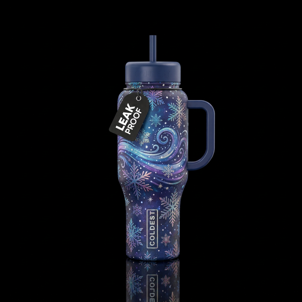 Snowflakes, snow, swirls, blustery, dark sky, dusk... water bottle design