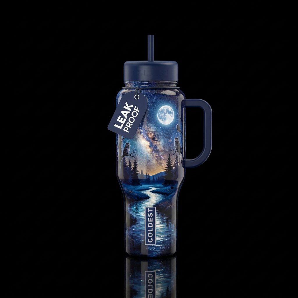 Night, full moon, trees, owls, Milky Way, stream, ... water bottle design