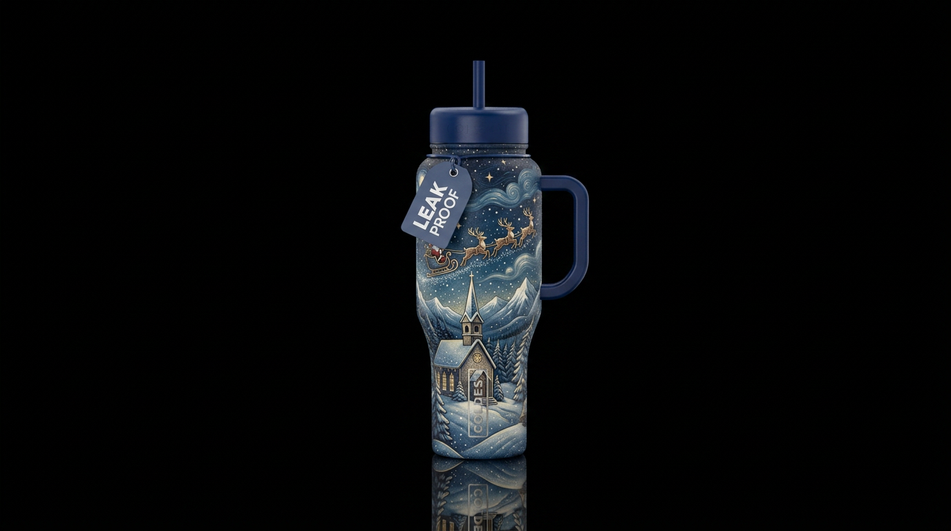 Starry Night, Snow, church and steeple, Night, tre... water bottle design