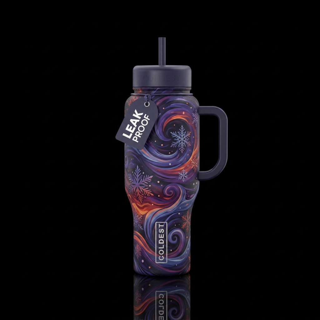 Snowflakes, dusk, dark sky, swirls, blustery, colo... water bottle design