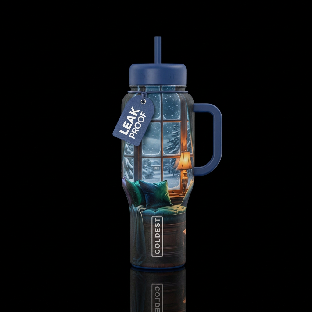 Window, window seat, dark day, snowy, blustery, tr... water bottle design