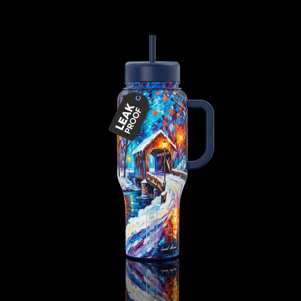 Afremov painting, winter, covered bridge, snow, st... water bottle design