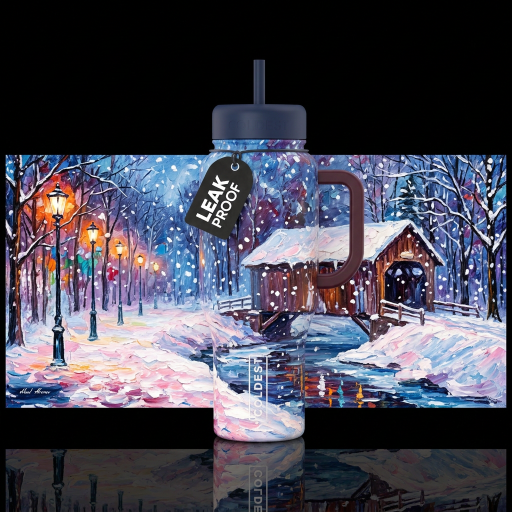 Afremov painting, winter, covered bridge, snow, st... water bottle design