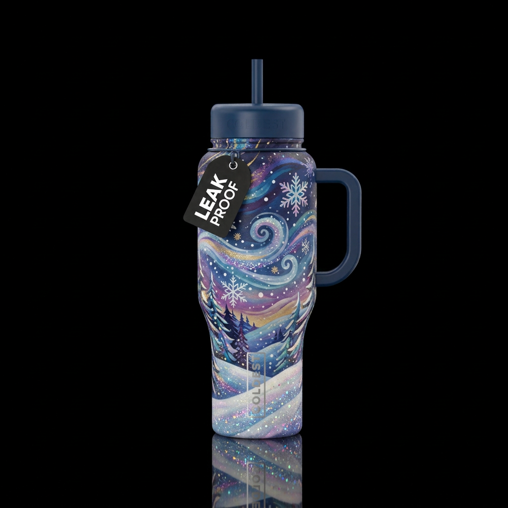 Sparkly Snowflakes, snow, swirls, blustery, dark s... water bottle design