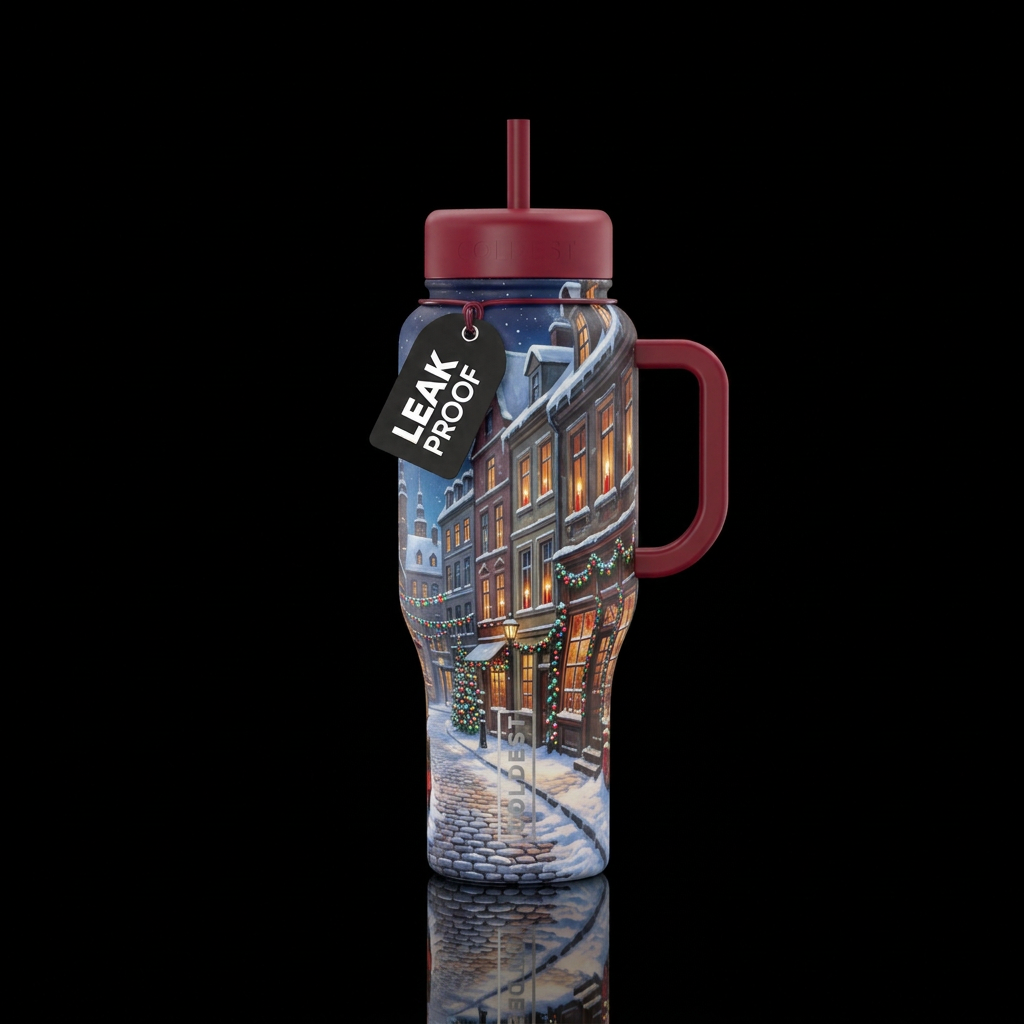 City Street, tall houses, lots of windows, sidewal... water bottle design