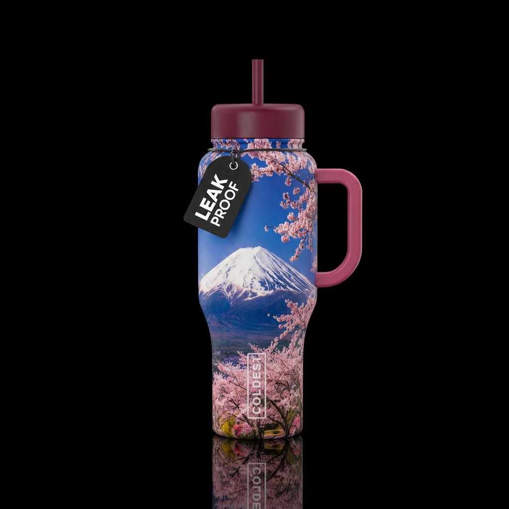 Mt. Fuji, cherry blossoms, snow, beautiful, photo,... water bottle design