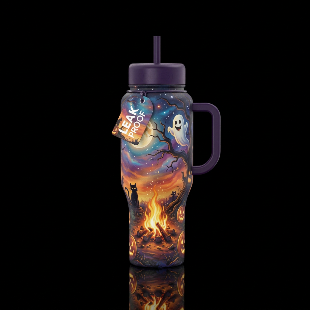 Bonfire, silhouette of black cat, haunted, pumpkin... water bottle design