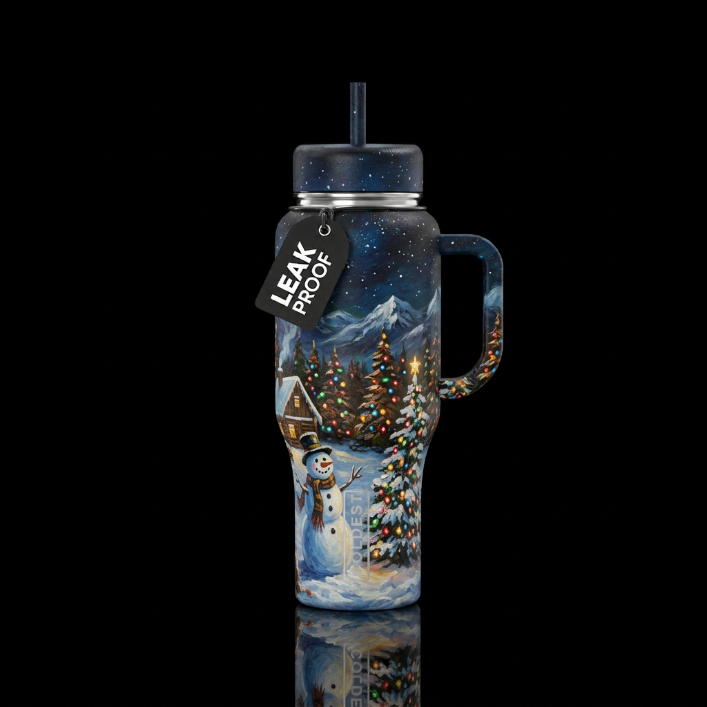 Snowman, Christmas tree, cabin, mountains, oil pai... water bottle design