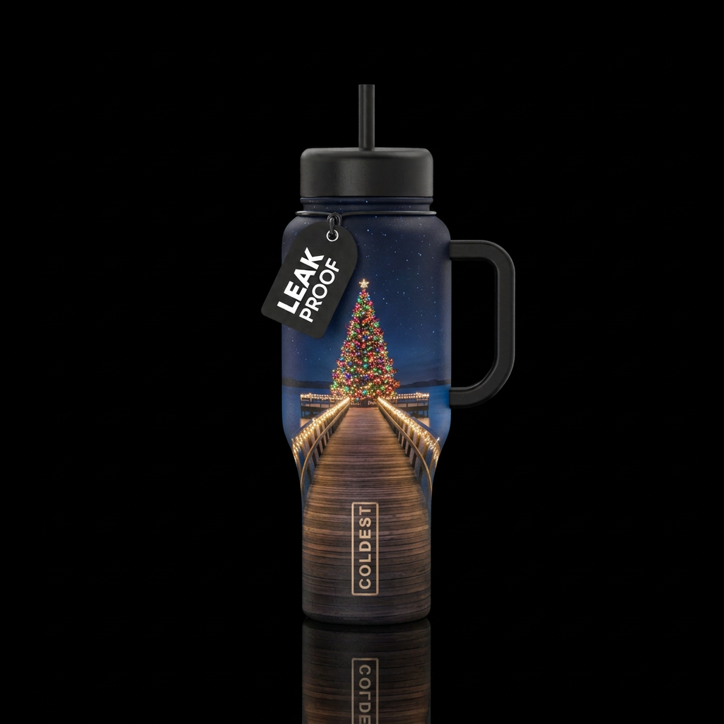 Pier, Christmas tree at end, lit up, night, dark s... water bottle design