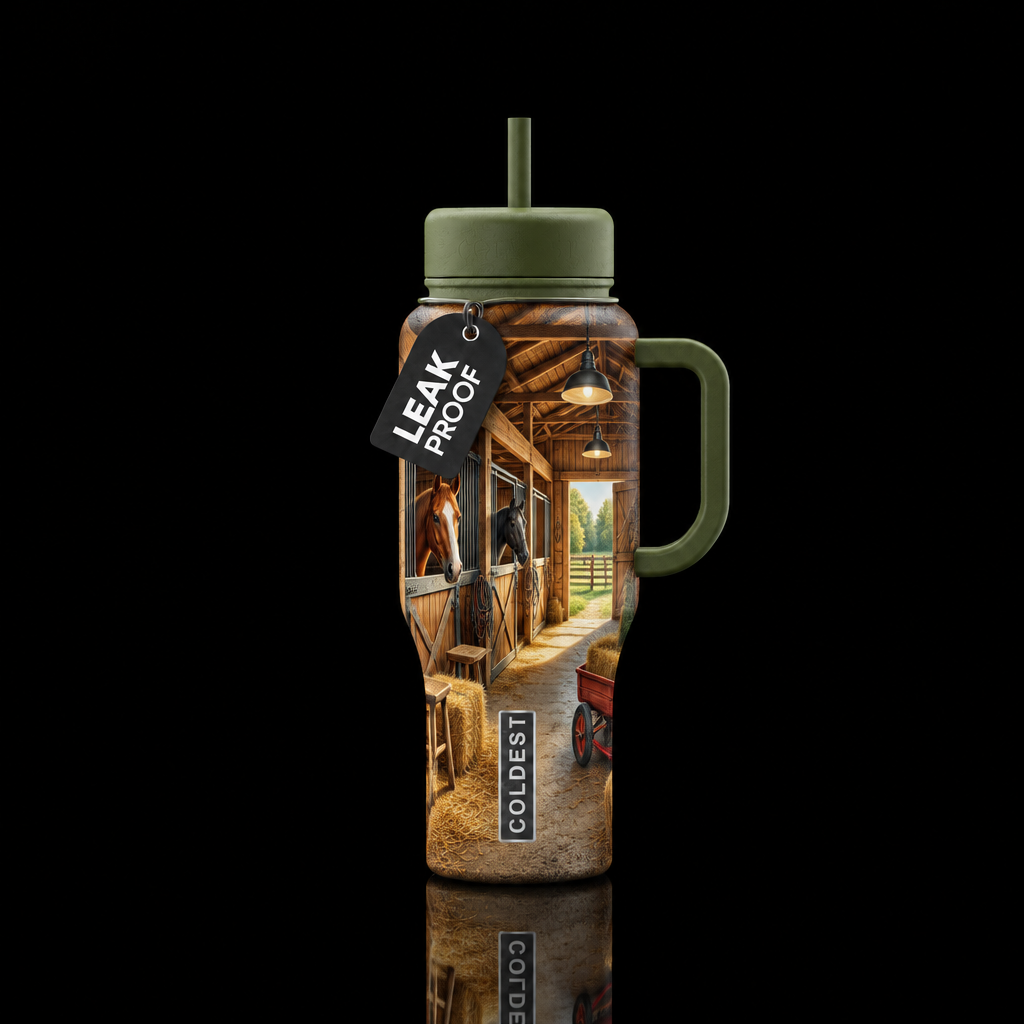 Old barn, horses in stalls, aisle, track hanging o... water bottle design