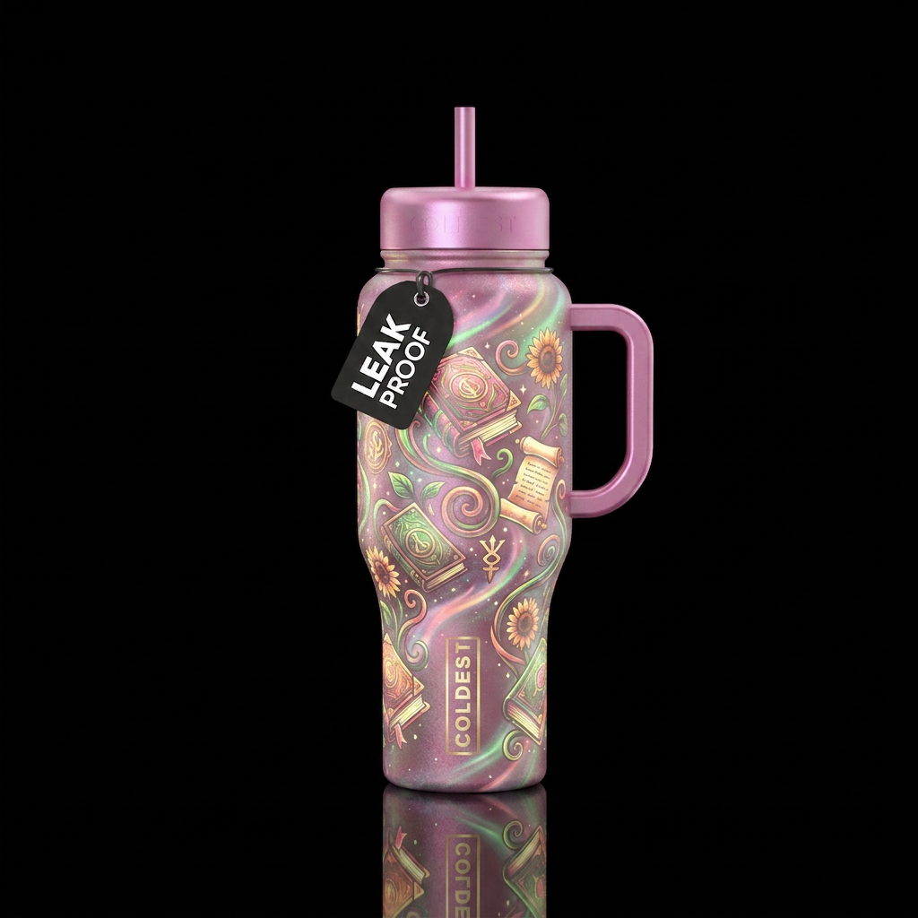 Glow in the dark books,iridescent pink,green,orang... water bottle design