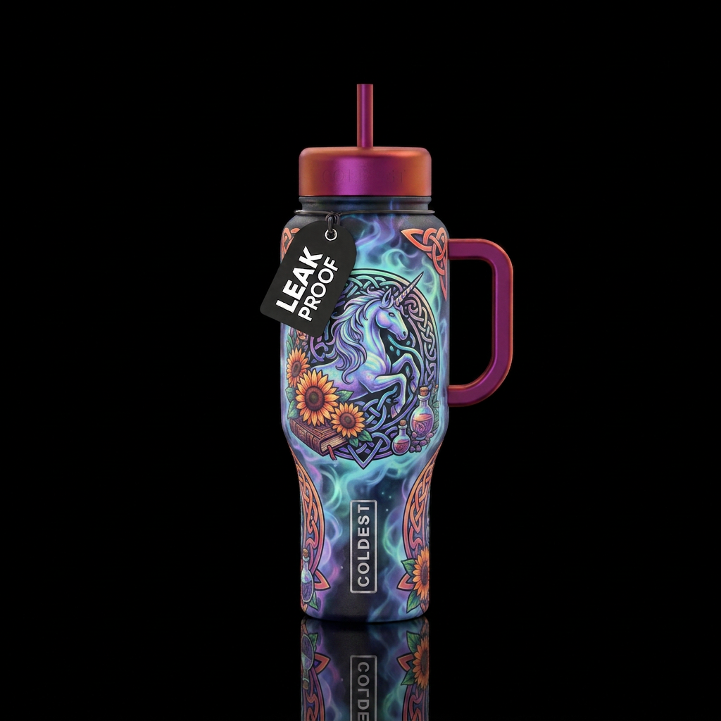 Celtic, nature, mythical unicorn, swirling mists o... water bottle design