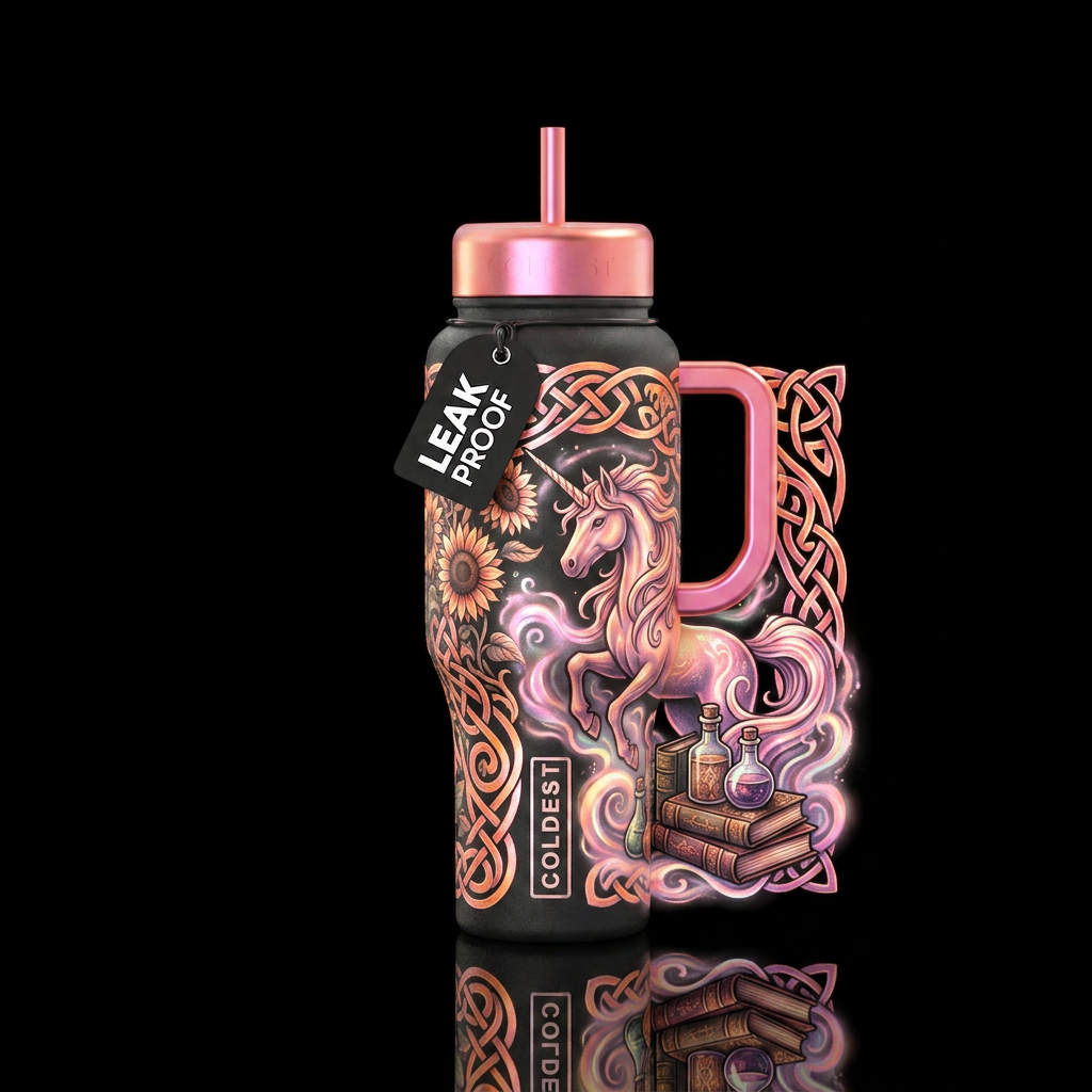 Celtic, nature, mythical unicorn, swirling mists o... water bottle design