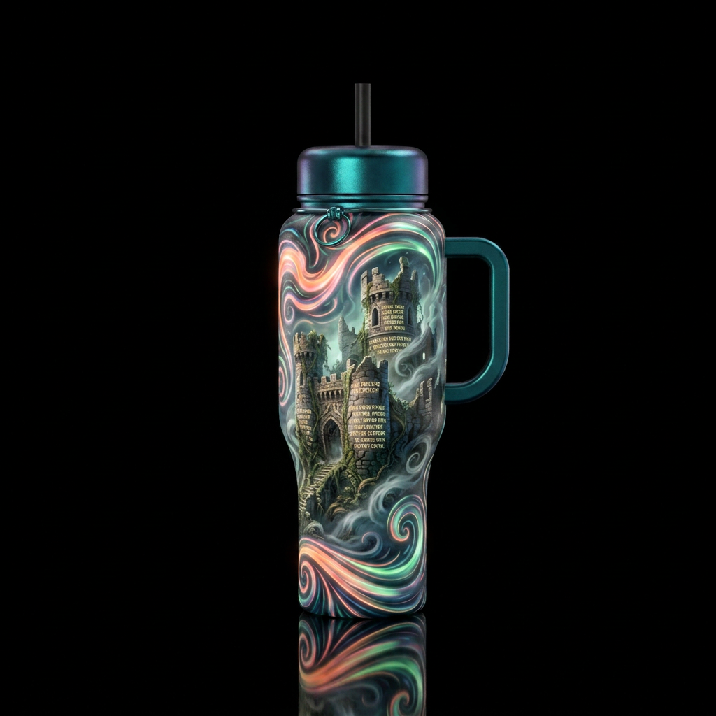 Iridescent swirls orange pink, green, blues, glowi... water bottle design