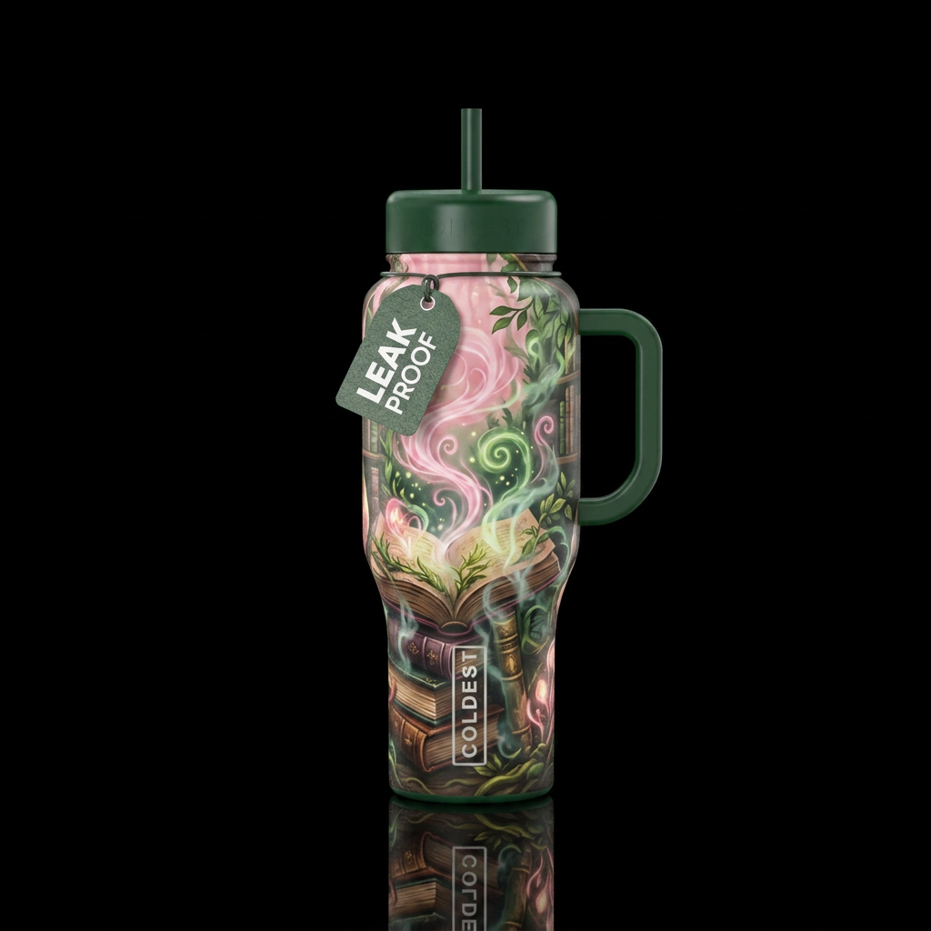 Books, glowie, pink, green swirls, mist, nature, m... water bottle design