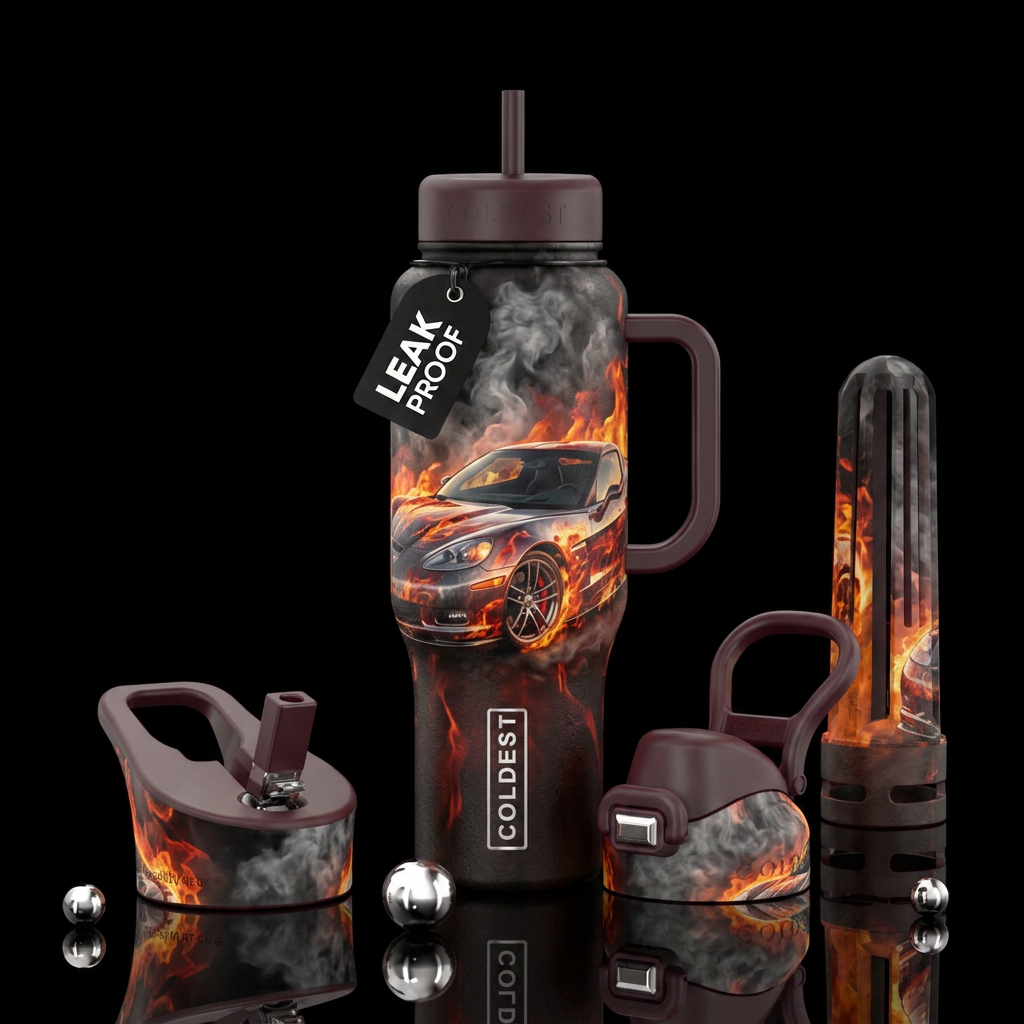 C6 corvette, flames, smoke water bottle design