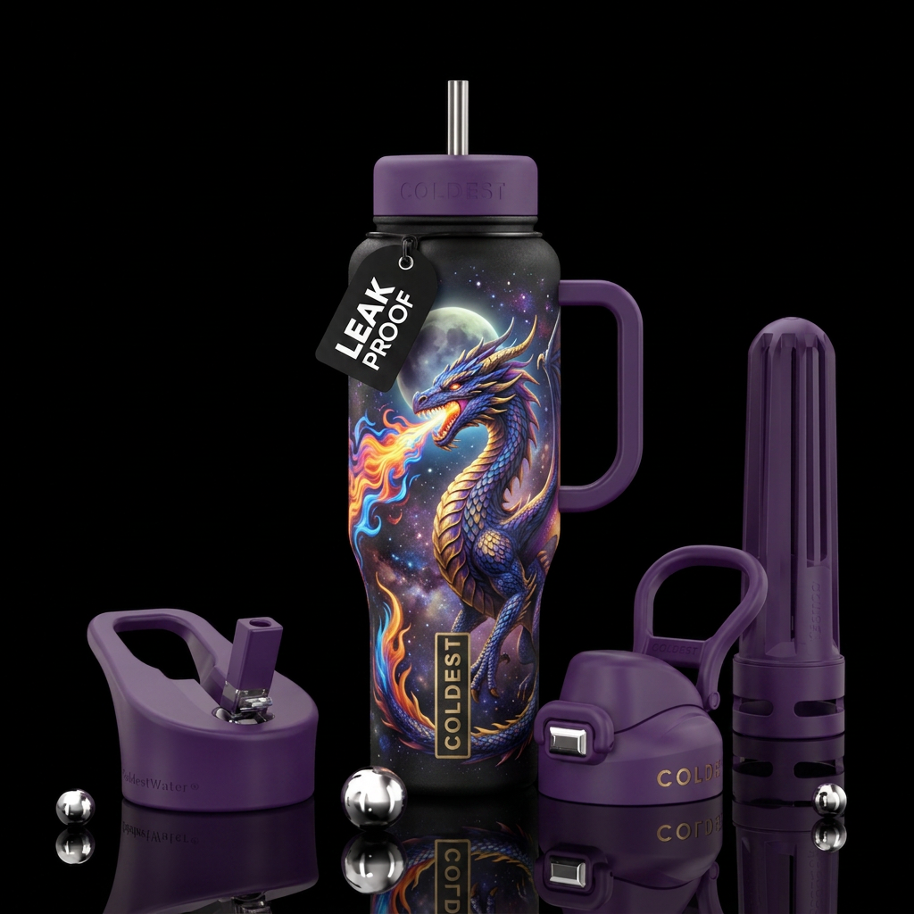 3d dragon, flames, moon, galaxy water bottle design