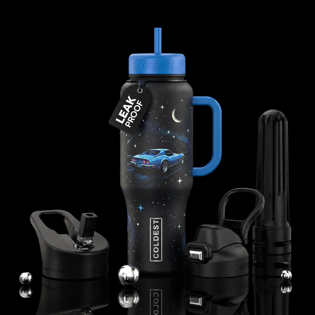 C8 corvette, moon, stars water bottle design
