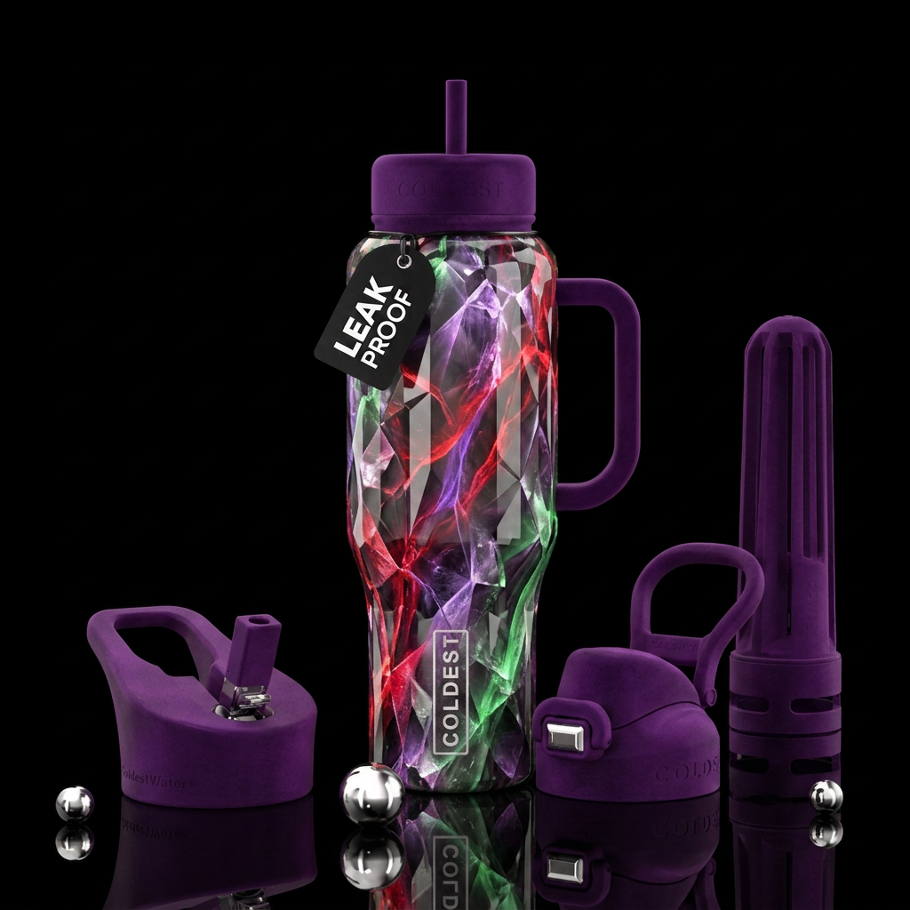 Quartz, red, purple, green, white water bottle design