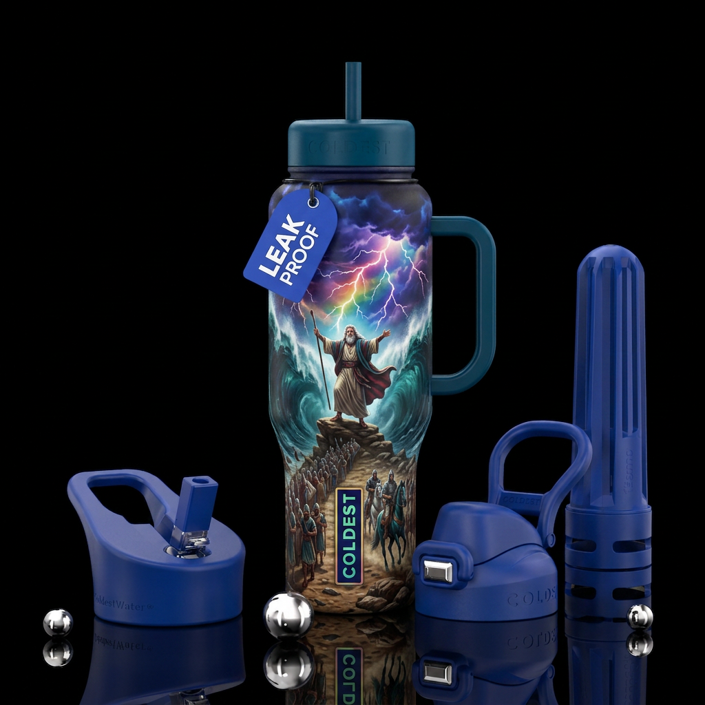 Moses, parting red Sea, storm, lightning, troops water bottle design