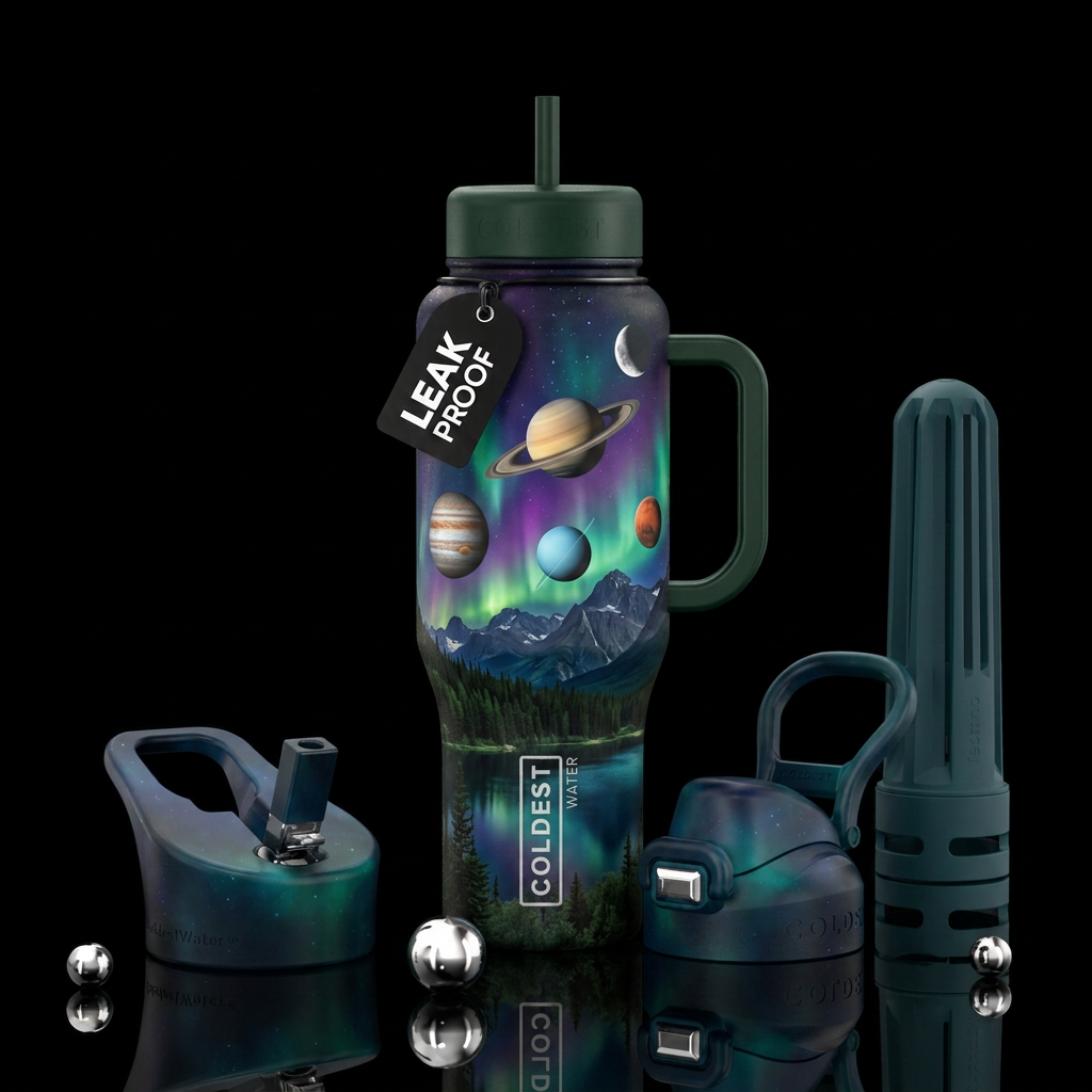 Forest, 3d mountains, Saturn, Jupiter, Uranus, Mar... water bottle design