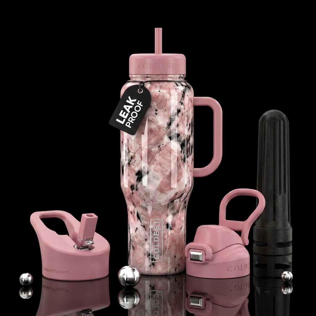 3d polished quartz, pink , white, black water bottle design
