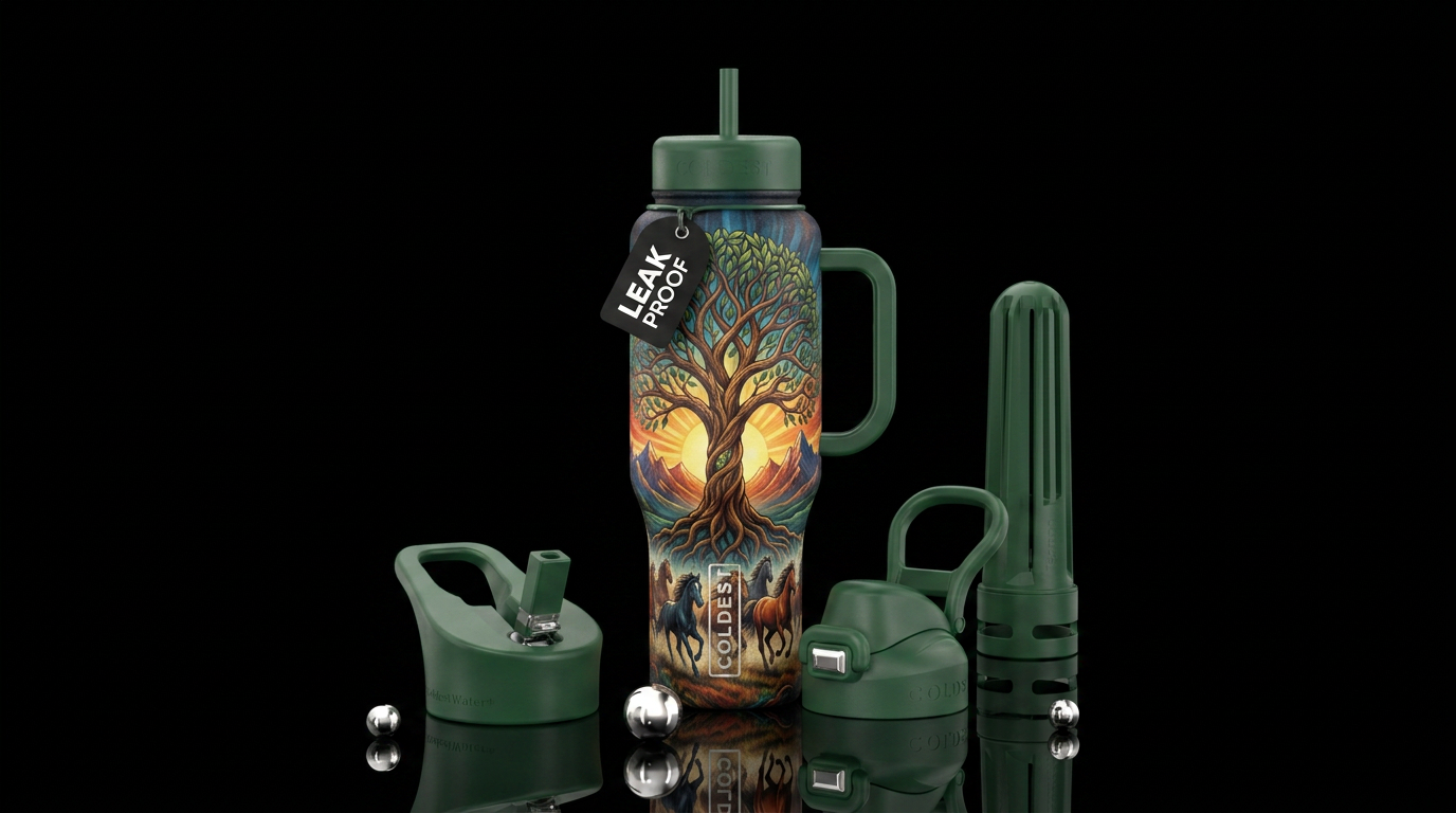 Tree of life, sun rays, mountains, wild horses water bottle design