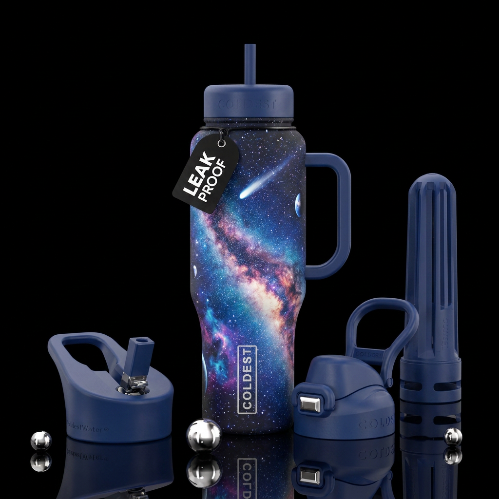 3d Night sky, milky way galaxy, nebula, stars, com... water bottle design
