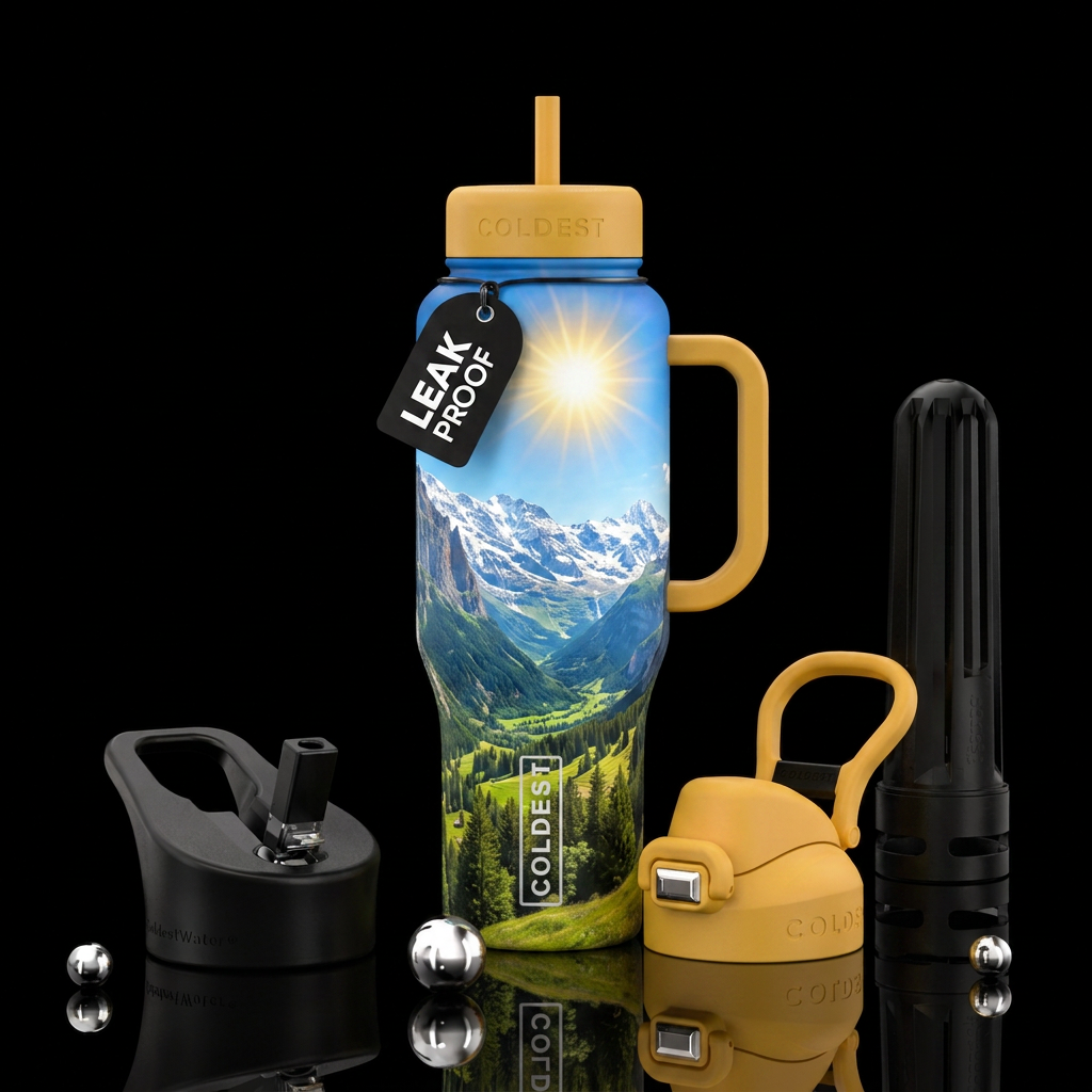 Mountains, Swiss Alps Valley, snow caps, sunshine water bottle design