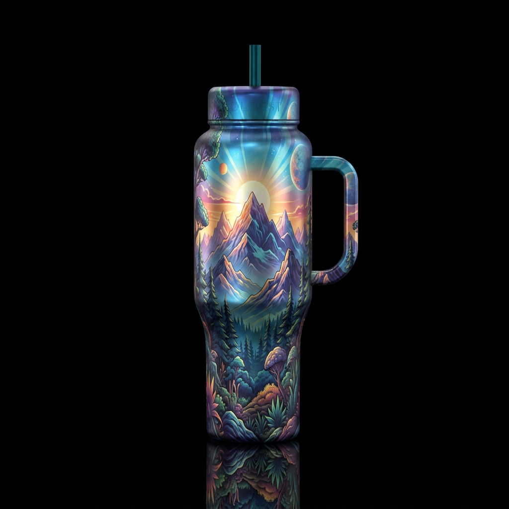 Mountains, sun rays, forest, alien planet water bottle design