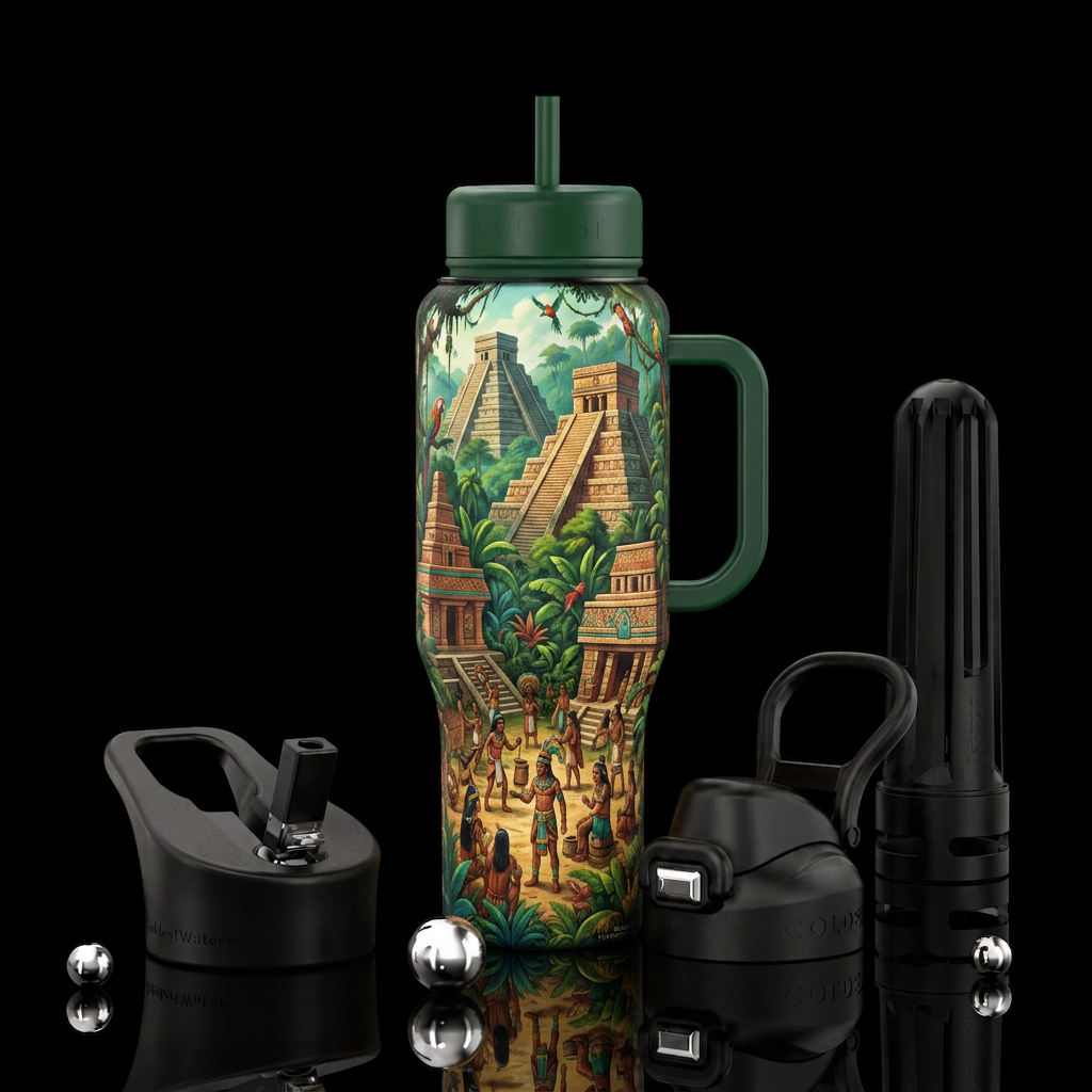 Aztec buildings, jungle tribe water bottle design
