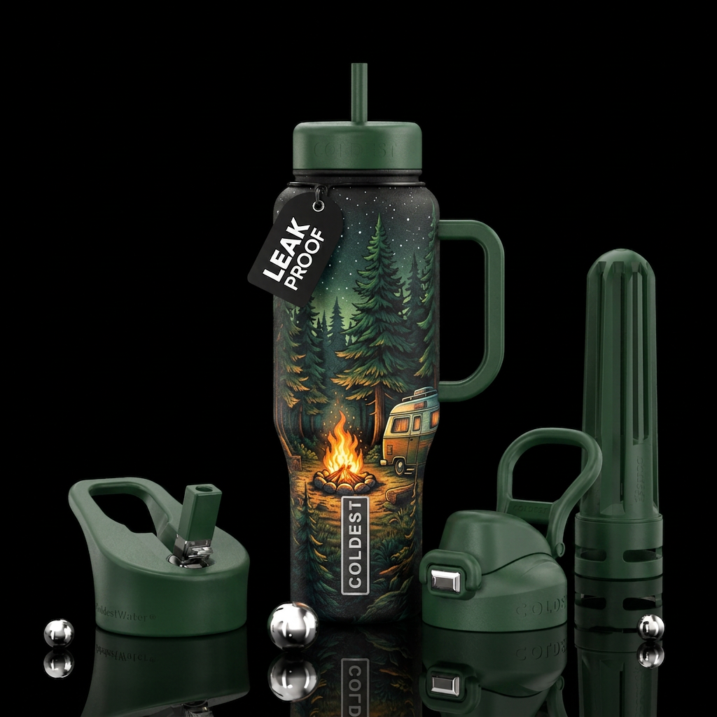 Campfire, camper, forrest water bottle design