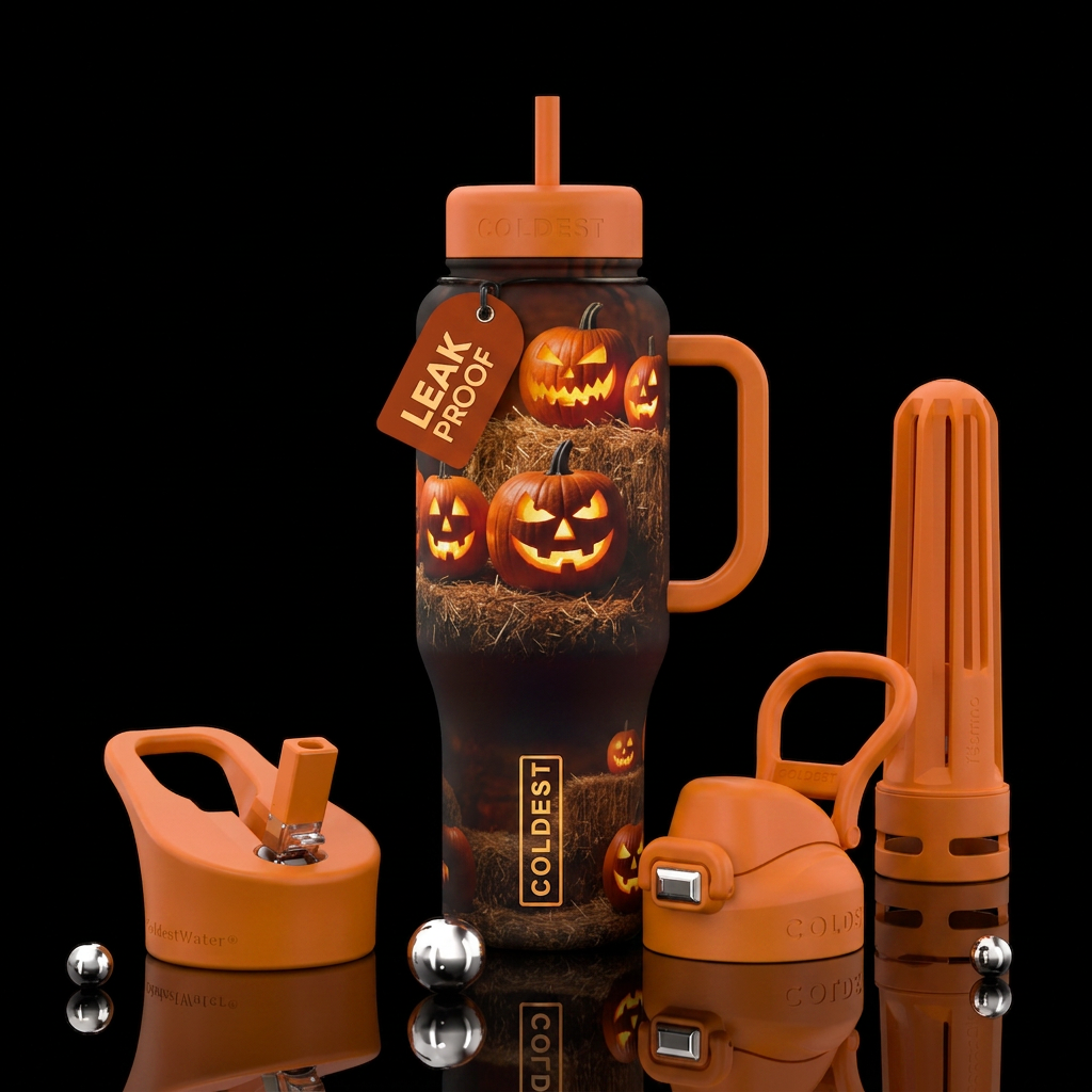 Halloween, jackolantern, haybails, scary water bottle design