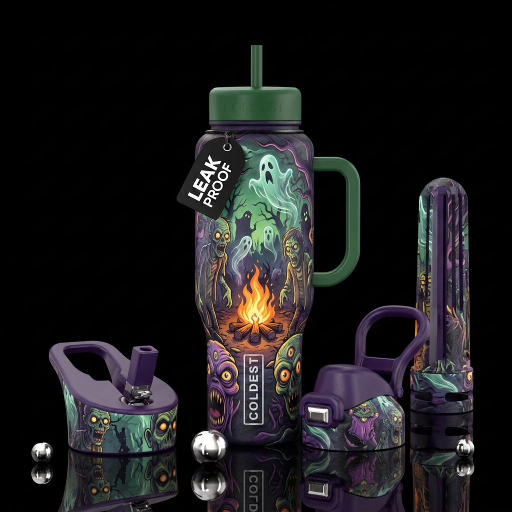 Halloween, zombies, ghost, campfire, scary, monste... water bottle design