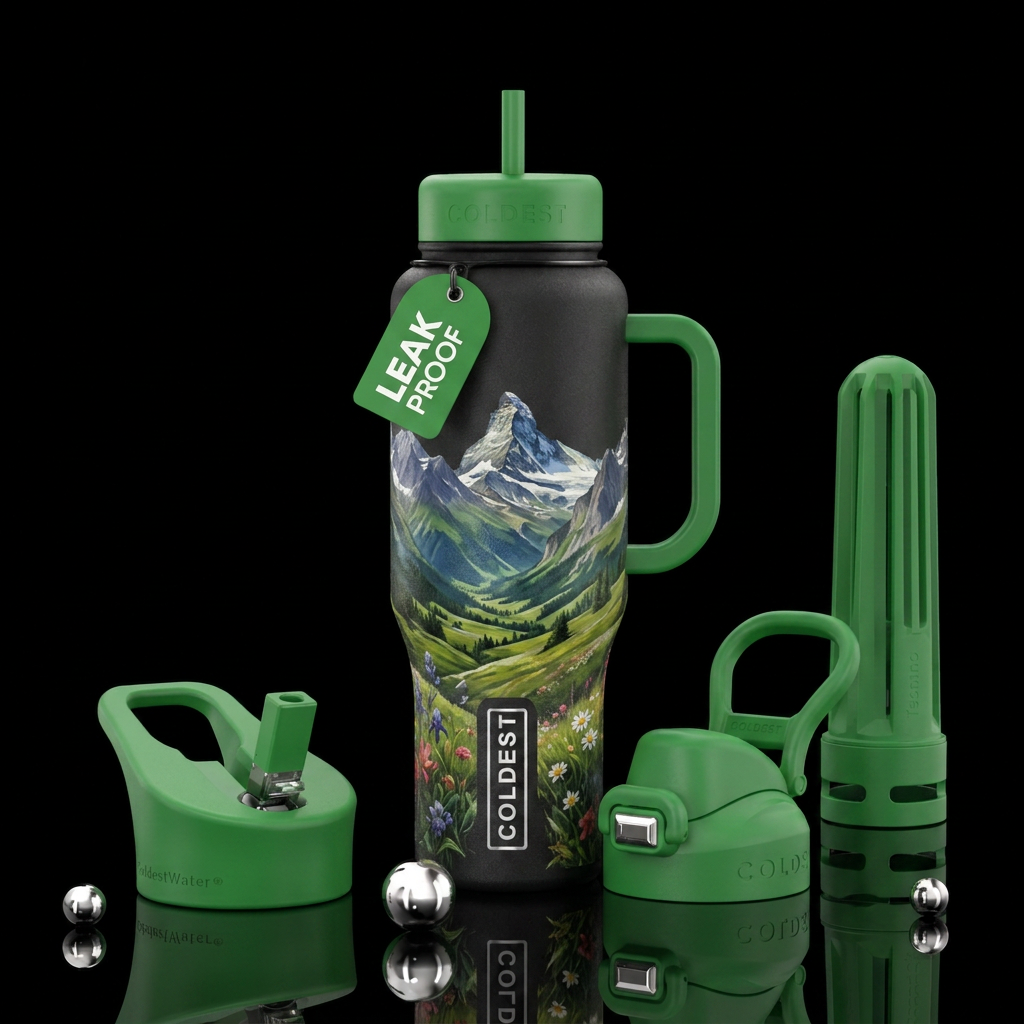 Swiss Alps, green valley, flowers water bottle design
