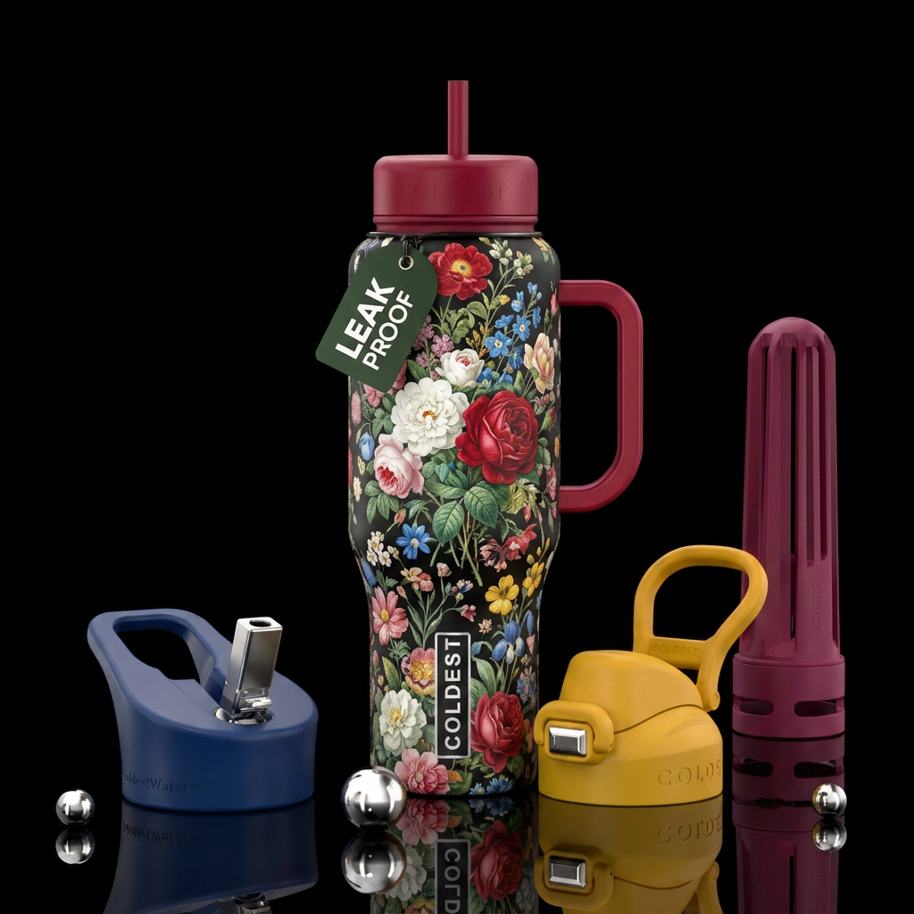 Red roses, white roses, pink roses, blue roses, gr... water bottle design