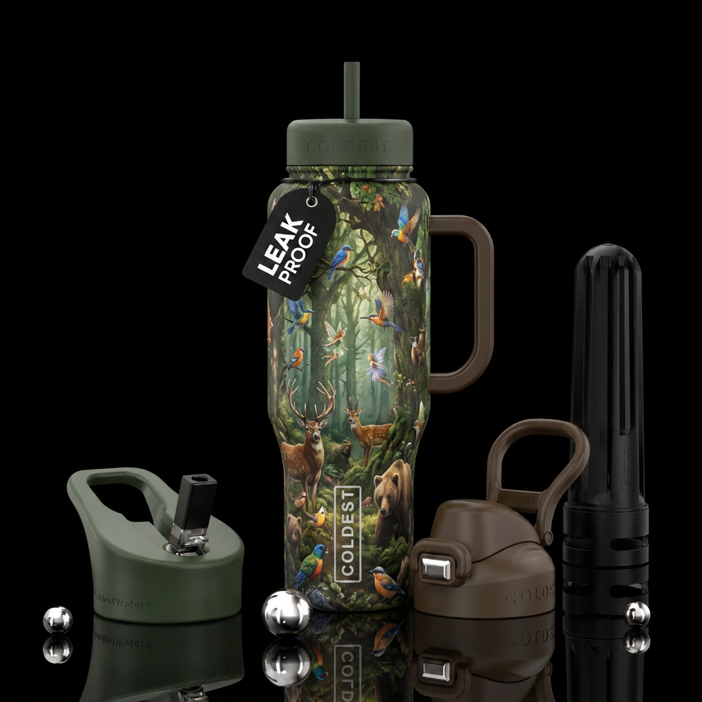 Forest, wild animals, many types of wild birds, ti... water bottle design