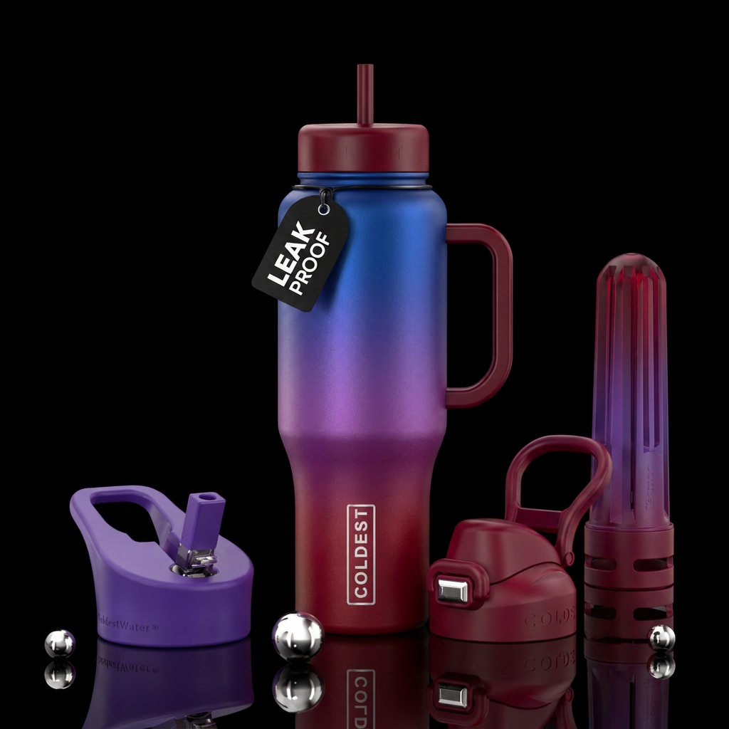 Blue fading purple fading to vampire red water bottle design
