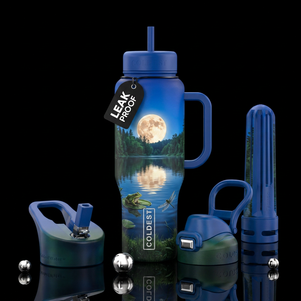 Forest, big moon reflecting on calm lake water, fr... water bottle design