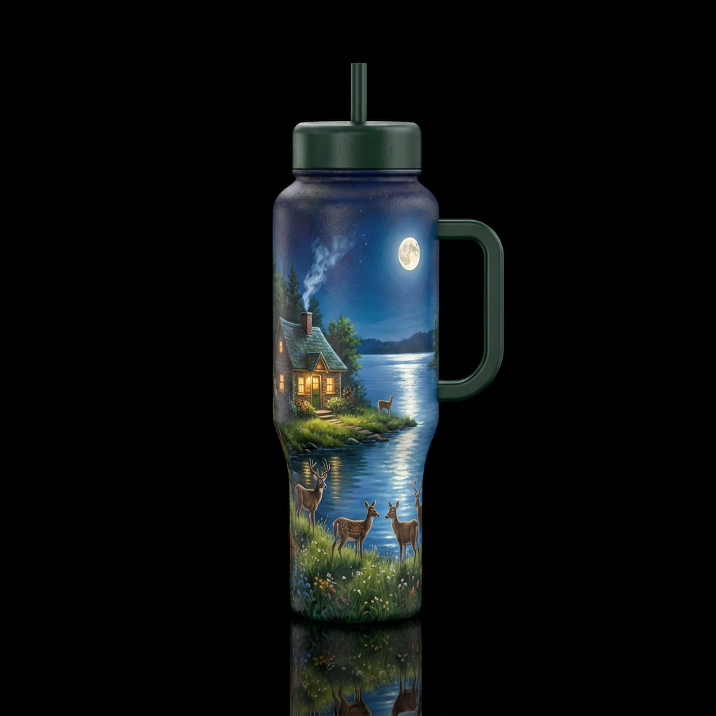 Night, small cottage on edge of lake, smoke from c... water bottle design