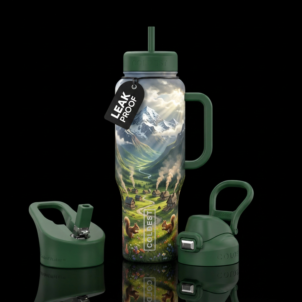 Mountains with snow caps, green valley with small ... water bottle design