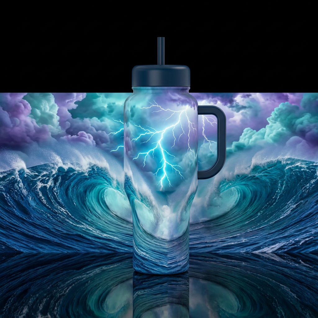 Ocean, storm clouds, lightning, huge waves water bottle design
