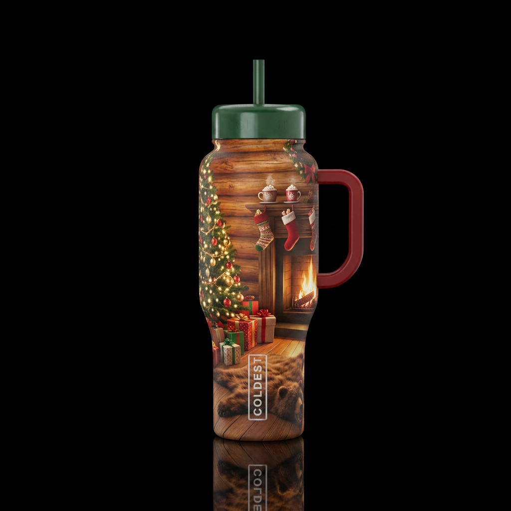 Presents around a Christmas tree with lights, fire... water bottle design