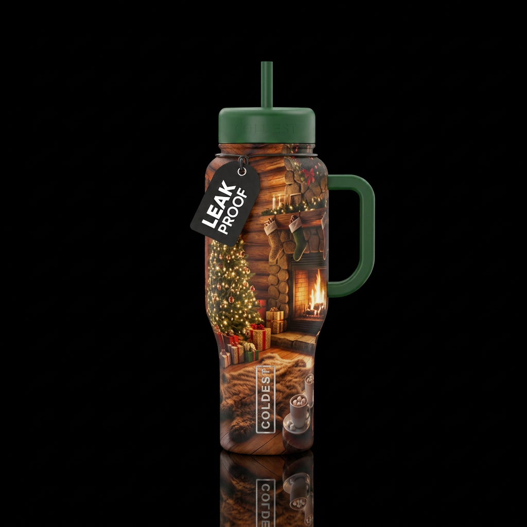 Presents around a Christmas tree with lights, fire... water bottle design